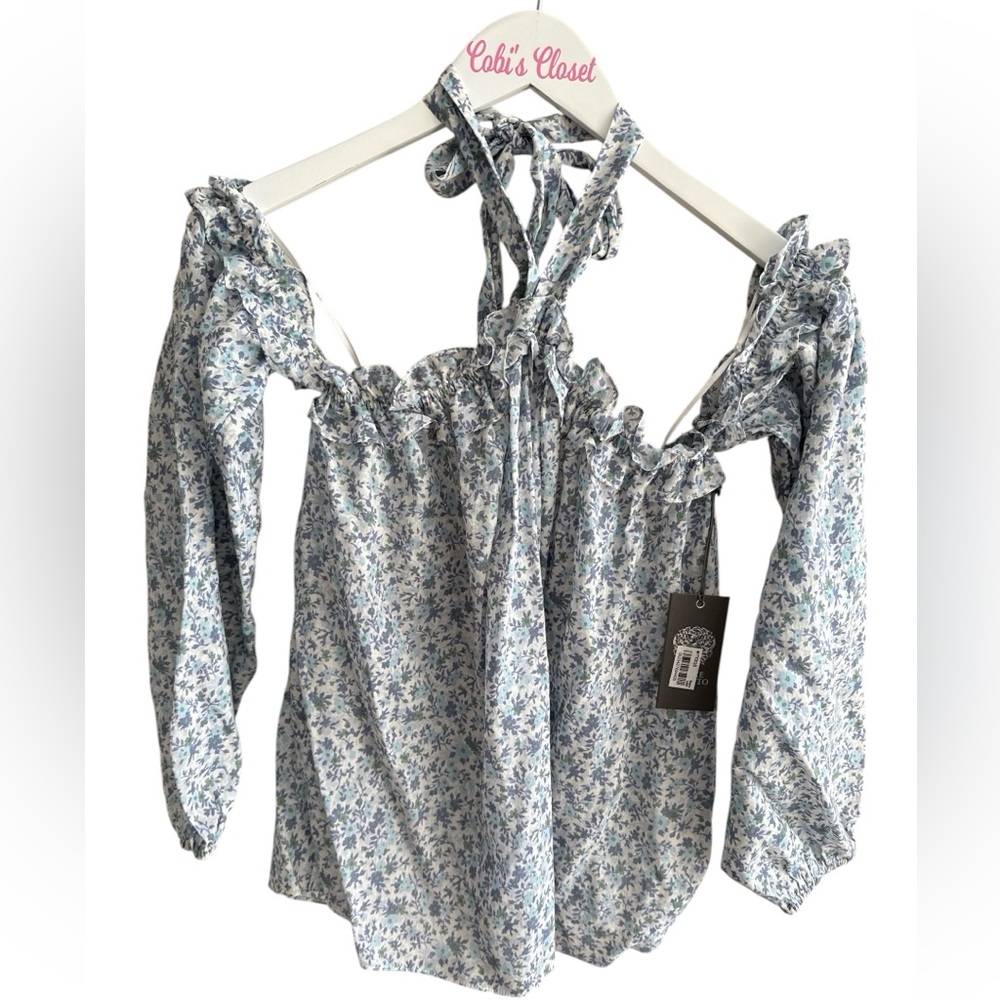 Vince Camuto Blue Floral Ruffle Blouse, NWT, Size-M, Vince Camuto Womens Blouse